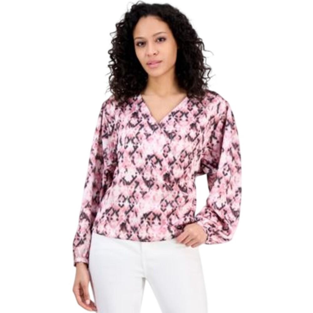 HUGO BOSS Orange Women's Faux-Wrap Buttoned-Cuff Top in Pink Aztec